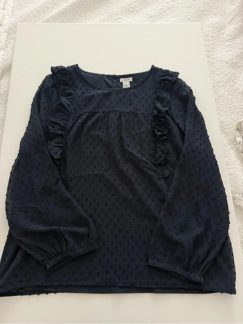 J. Crew Navy Textured Dot Ruffle Neck Blouse